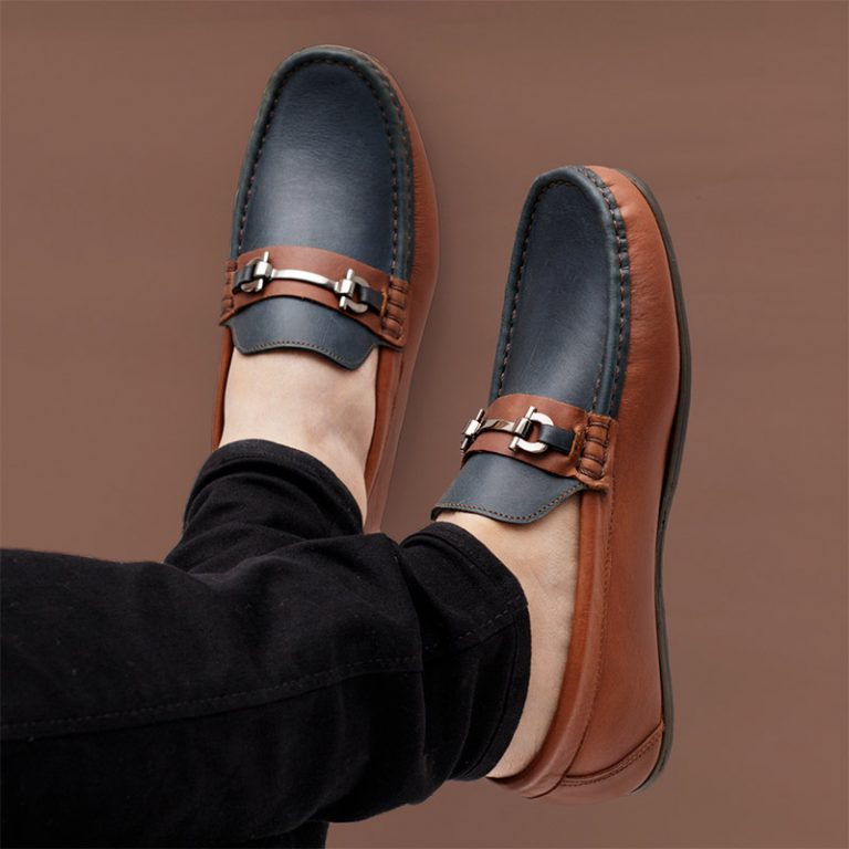 Mocasines Para Hombre En Cuero Miel Y Azul Hendz